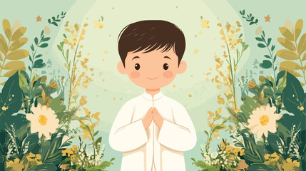 First Communion Boy Card Flat Vector Illustration