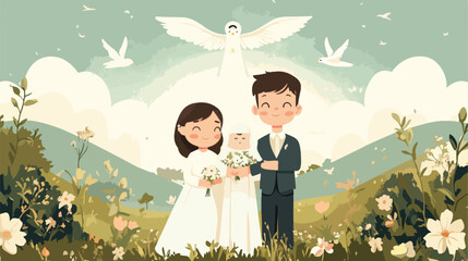 First Communion Card Flat Vector Illustration