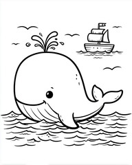 Obraz premium Toddler enjoys coloring a simple cartoon whale and a ship on a bright day