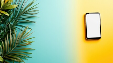 A sleek smartphone lies on a bright and vibrant background, highlighting the modern technological aesthetic and the seamless integration of technology into daily life.