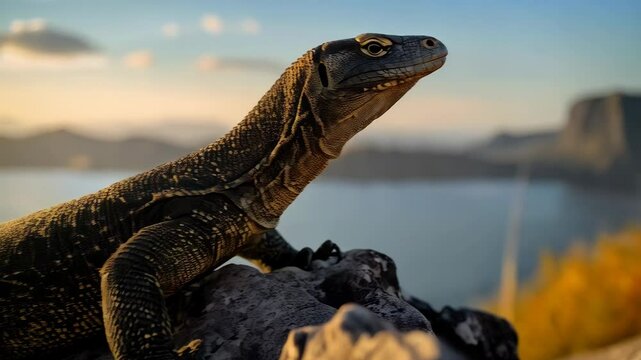 Large monitor lizard basking on rocks with golden hour glow and mountain range backdrop, nature, reptile, wildlife and predator on the lookout