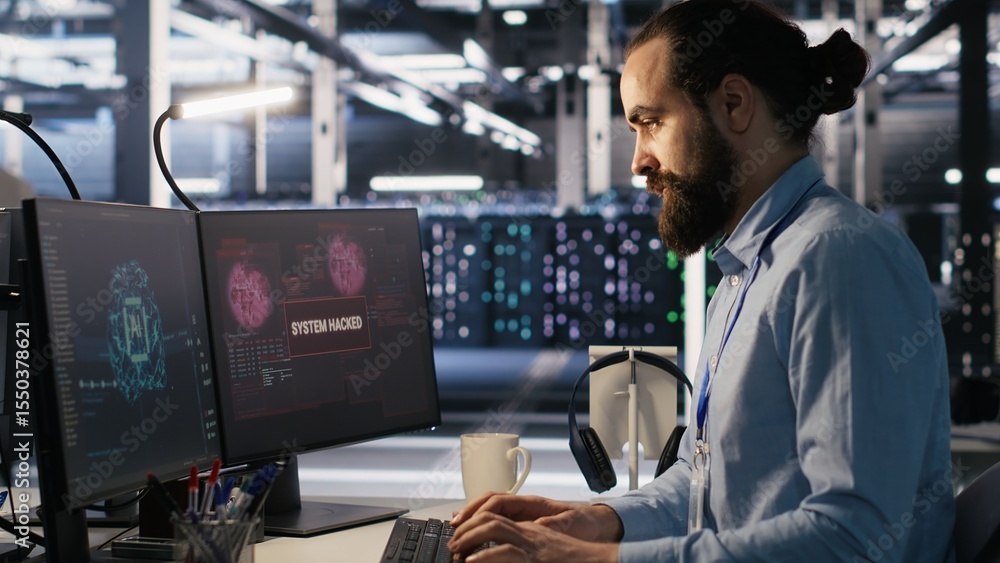 Poster server farm worker trying to fix hacked equipment systems and protect equipment. data center enginee