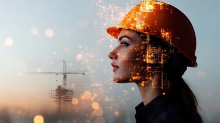 A determined professional woman wearing a hard hat contemplates a construction site, symbolizing empowerment, innovation, and the evolving role of women in traditionally male-dominated fields.