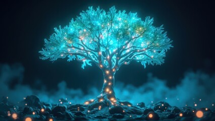 Glowing mystical tree with blue lights on branches and roots against a dark misty landscape with bokeh lights. Concept of fantasy and magic
