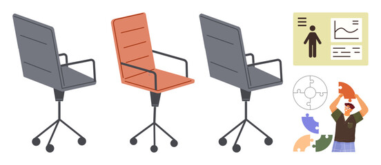 Office chairs arranged in a row, a man solving a puzzle, and a chart with data and analytics. Ideal for teamwork, problem-solving, leadership, career, planning organization collaborative effort. A