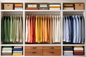 Color coordinated wardrobe with neatly arranged shirts and organized storage compartments