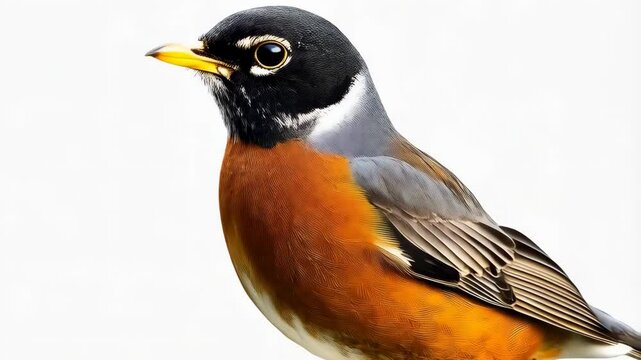 Close-up of a cute robin bird, showing its orange breast, black head and yellow beak against a bright white background in studio shot.