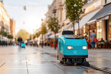 Street cleaning robot operates on a busy urban sidewalk during the afternoon hours