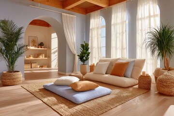 Obraz premium Tranquil Living Area Featuring Soft Textiles, Plants, and Natural Light