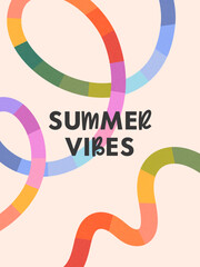 Summer vector illustration with bright rainbow lines.Abstract background with multicolored dinamic shapes.Summer artistic banner in simple style.Template for prints,banners,ad,covers,branding,fashion