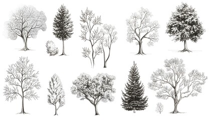 Fototapeta premium An artistic set of hand-drawn trees and plants on a white background. Minimalist and detailed, perfect for eco-friendly or landscape visuals. 