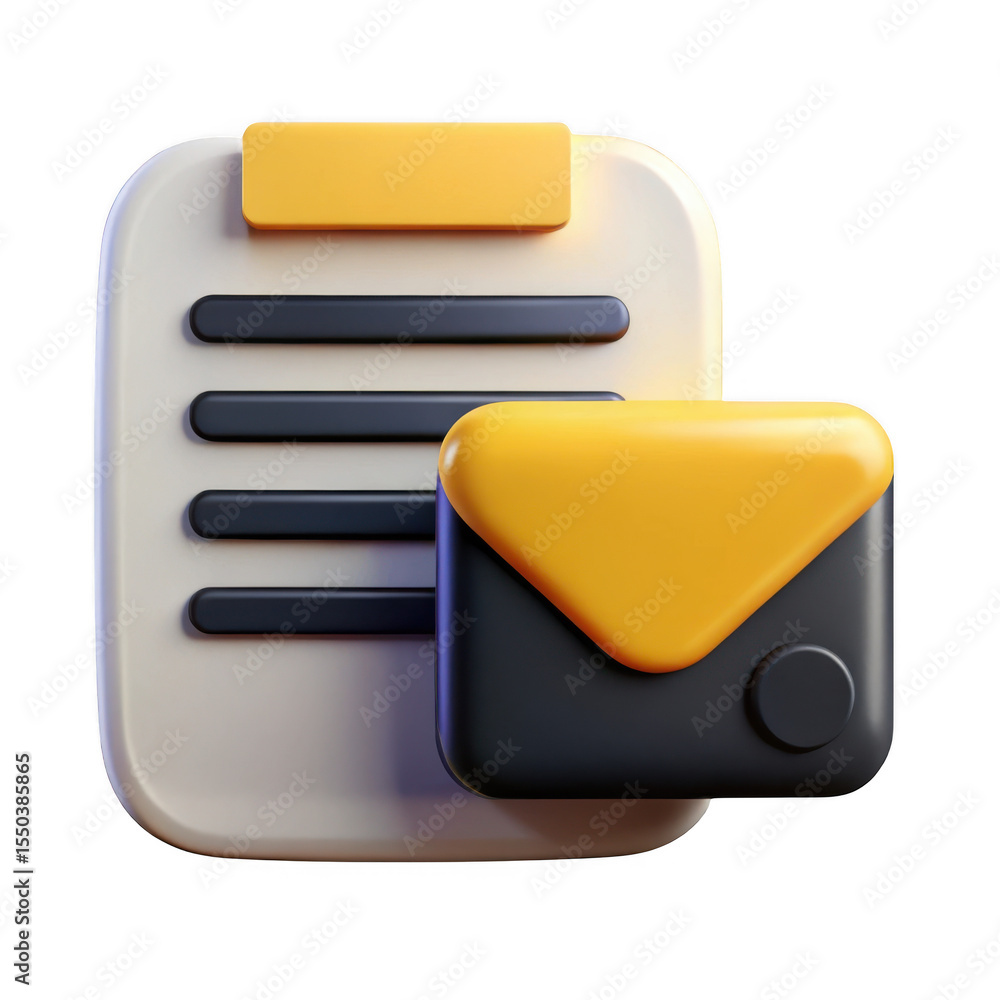 Poster 3d rendered new message notification icon document and envelope isolated on transparent background