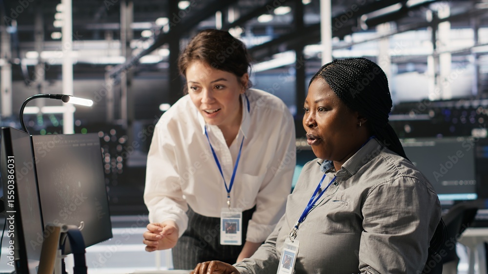 Poster cheerful data center technicians satisfied with results after collaborating on ai automation deploym