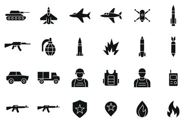 Modern Military Icon Set, War Weapons, Soldiers, Drones, Missiles, Explosions, Tactical Silhouettes Vector