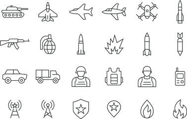 Military Weapons And Defense Line Art Icon Set, Minimal Vector Pack with Army Vehicles, Missiles, Soldiers, War Equipment, and Combat Symbols