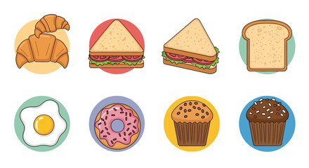 Breakfast Food Icons Croissant, Sandwich, Toast, Egg, Donut, Muffin