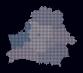 Belarus dotted map. Digital style map of the country on dark background. Belarus shape with circle dots. Colored dots style. Small size circles. Classy vector illustration.