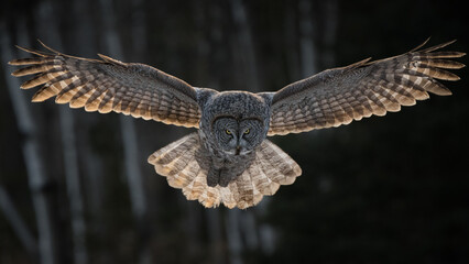 Sunlight catches the wings of a great gray owl as it hovers momentarily before diving into the ground to catch a meal. 