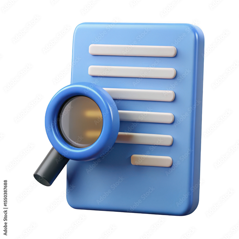 Poster 3d rendered document search icon magnifying glass over data sheet isolated on transparent background