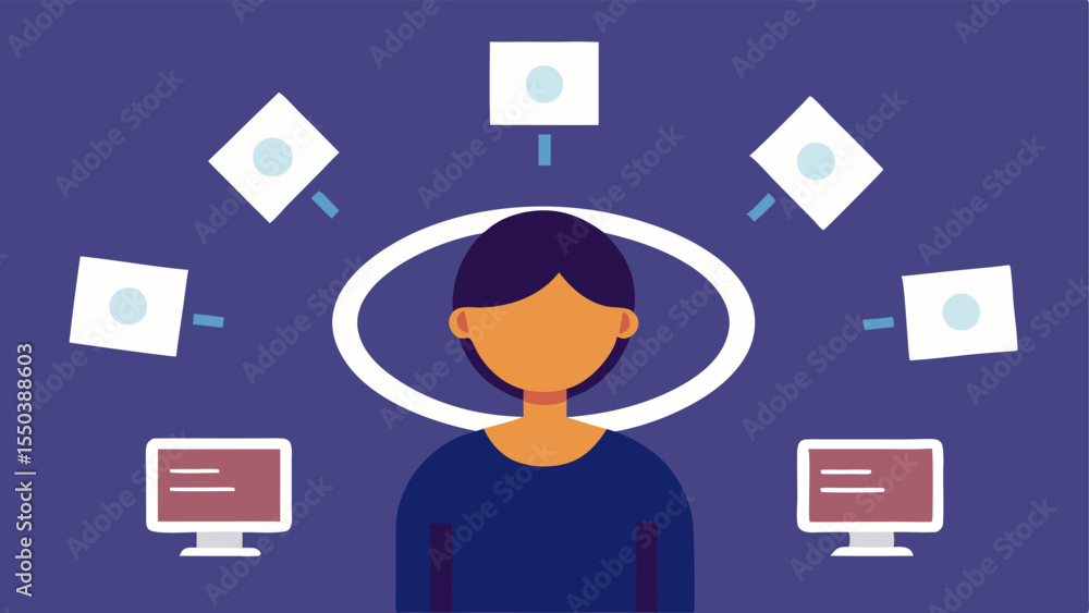 Poster digital infinity loop an illustration of a person sitting at a minimalist desk surrounded by floatin