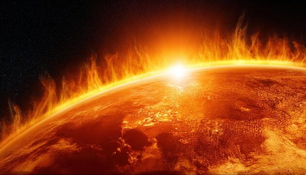 Fiery surface of the sun with solar flares and glowing atmosphere in outer space cosmic environment