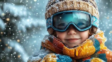 A cheerful child in colorful winter gear and goggles smiles in a snowy landscape, capturing the joy of winter sports and outdoor adventures.