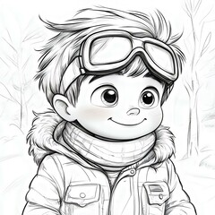 A charming illustration of a young boy with goggles, wearing a cozy jacket and scarf, standing in a winter setting, full of joy and adventure.