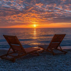 Beautiful sunset over the ocean with two wooden lounge chairs on the beach, creating a serene and relaxing atmosphere.