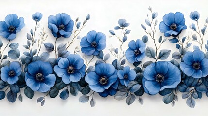 A beautiful arrangement of blue flowers and foliage against a light background, perfect for floral designs, invitations, or home decor.