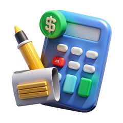 3d rendered calculator pen and dollar coin isolated on transparent background