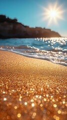 Golden sandy beach with shimmering sunlight reflecting on water, creating a serene coastal atmosphere. Perfect for summer and vacation themes.