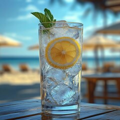 Refreshing cocktail with lemon and mint garnish on a sunny beach. Perfect for summer relaxation and beach vibes.