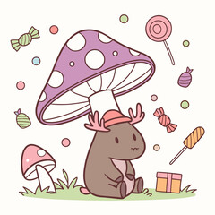 Whimsical Moose feeling Bashful in a Birthday setting with under a mushroom – colored in Candy Shop