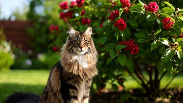 Majestic long-haired cat sitting on green lawn with red flowers in soft outdoor light in a natural, idyllic backyard garden setting.