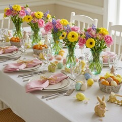 Pastel Easter Table Setting with Floral Arrangements and Bunnies