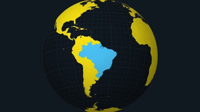 Brazil on Globe. Animated zoom into the country view on the world map in Charcoal Bright Yellow color palette. Globe with meridians, parallels, countries, rivers and lakes. Awesome video.