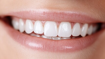 A close-up of a beautiful smile showcasing perfectly white teeth, emphasizing dental health, beauty, and confidence, radiating warmth and approachability.