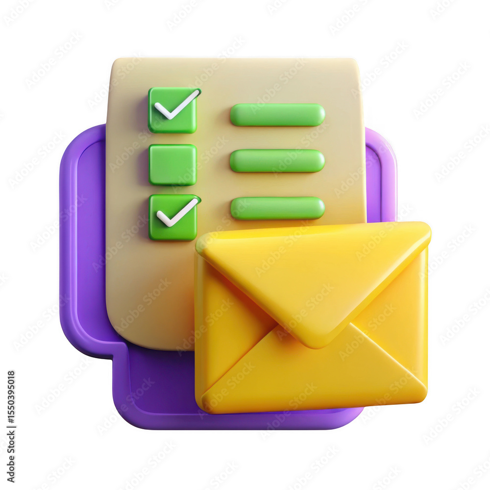 Poster 3d rendered checklist and email icon isolated on transparent background
