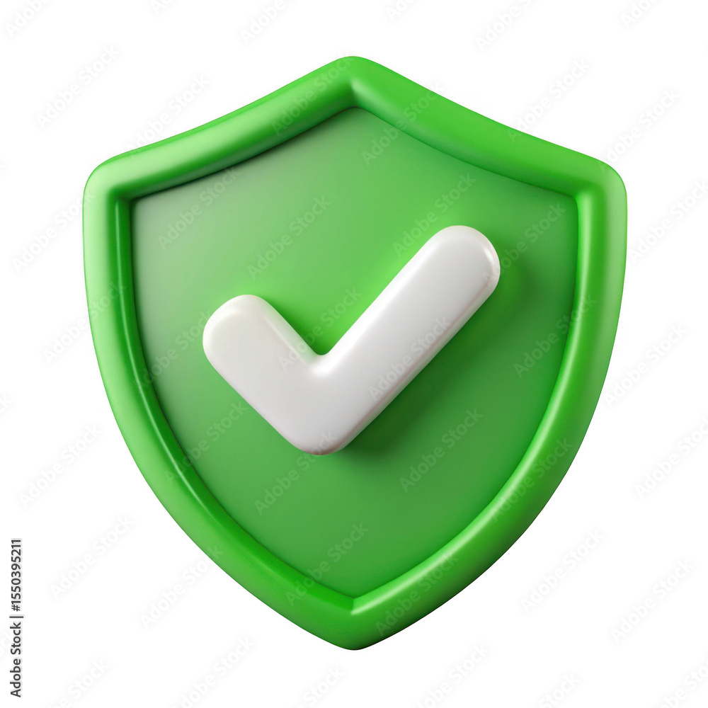Poster 3d rendered green shield with white checkmark isolated on transparent background