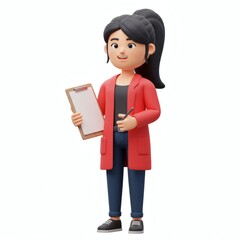 Smiling Cartoon Woman Holding Clipboard and Pen Red Coat White Background