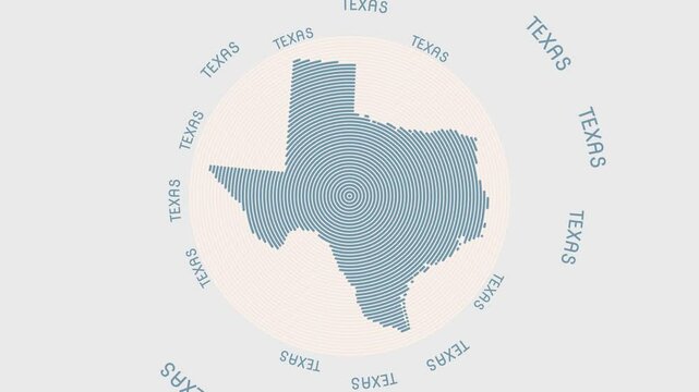 Texas shape with dynamic circles visual effect. Animation of Texas logo appearing from rotating rings and State name around the shape. Intro, opening, closing, logo video.