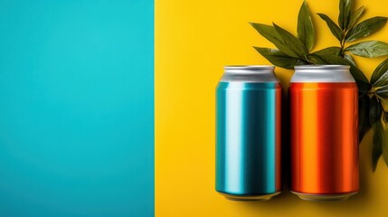 Fototapeta premium This vibrant image of colorful soda cans set against a bright background showcases modern design and refreshment, symbolizing energy and enjoyment in everyday life.