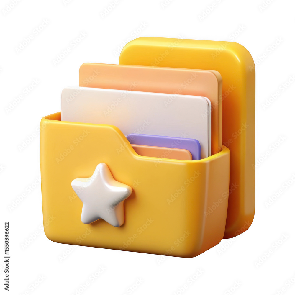 Poster 3d rendered yellow folder icon with documents and star isolated on transparent background