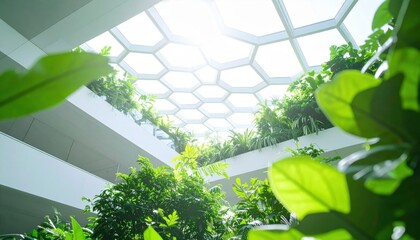 Bright modern atrium filled with lush green plants and sunlight streaming through a hexagonal glass roof creating a serene eco-space
