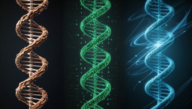 Hyperrealistic dna double helix with organic and digital transitions against black background