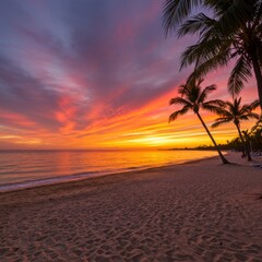 Fototapeta premium Vibrant Sunset Over Tropical Beach with Palm Trees