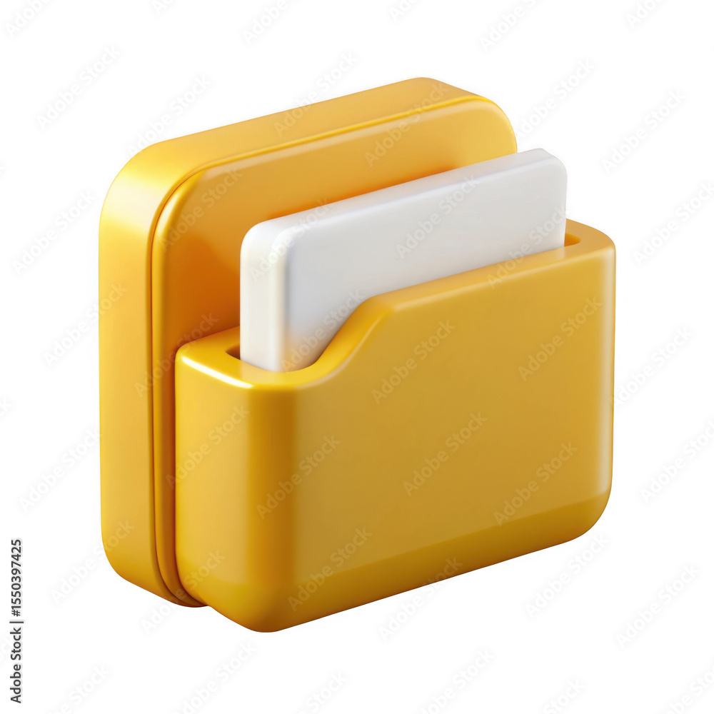 Poster 3d rendered yellow file folder icon with white document isolated on transparent background
