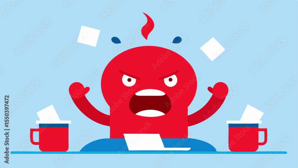 Poster character sitting a character sitting at a table with an exaggeratedly red face surrounded by tered 
