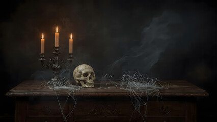 Halloween still life with human skull, burning candles and cobwebs