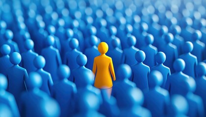 Fototapeta premium Single yellow figure standing out in a crowd of identical blue figures representing individuality